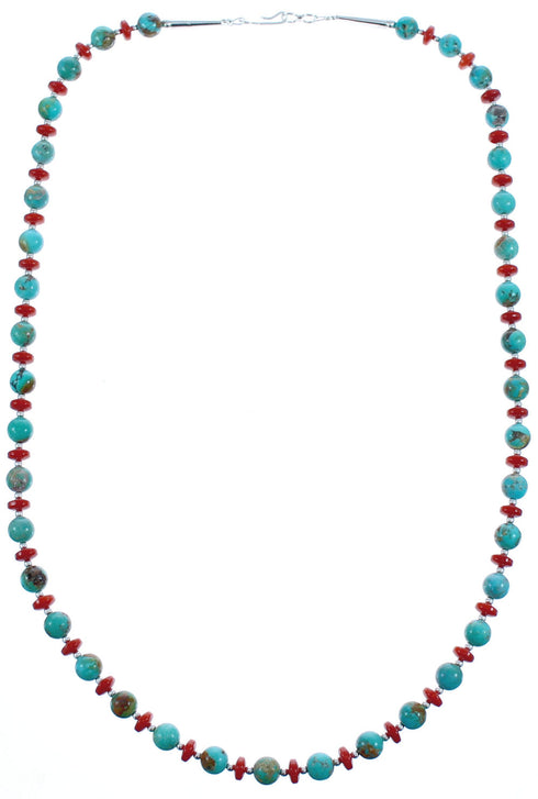 Southwest Sterling Silver Kingman Turquoise and Coral Bead Necklace KX121102